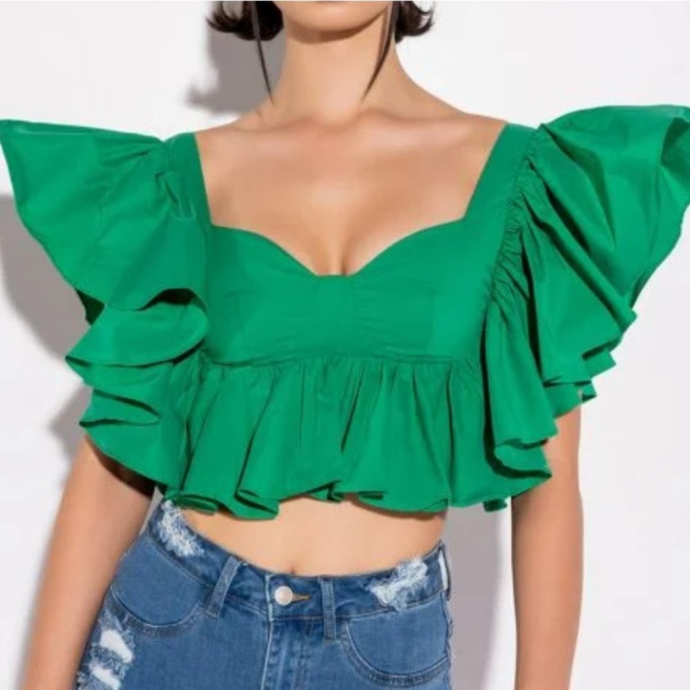 Akira Elated Ruffle Sleeve Crop Top Blouse L Green
